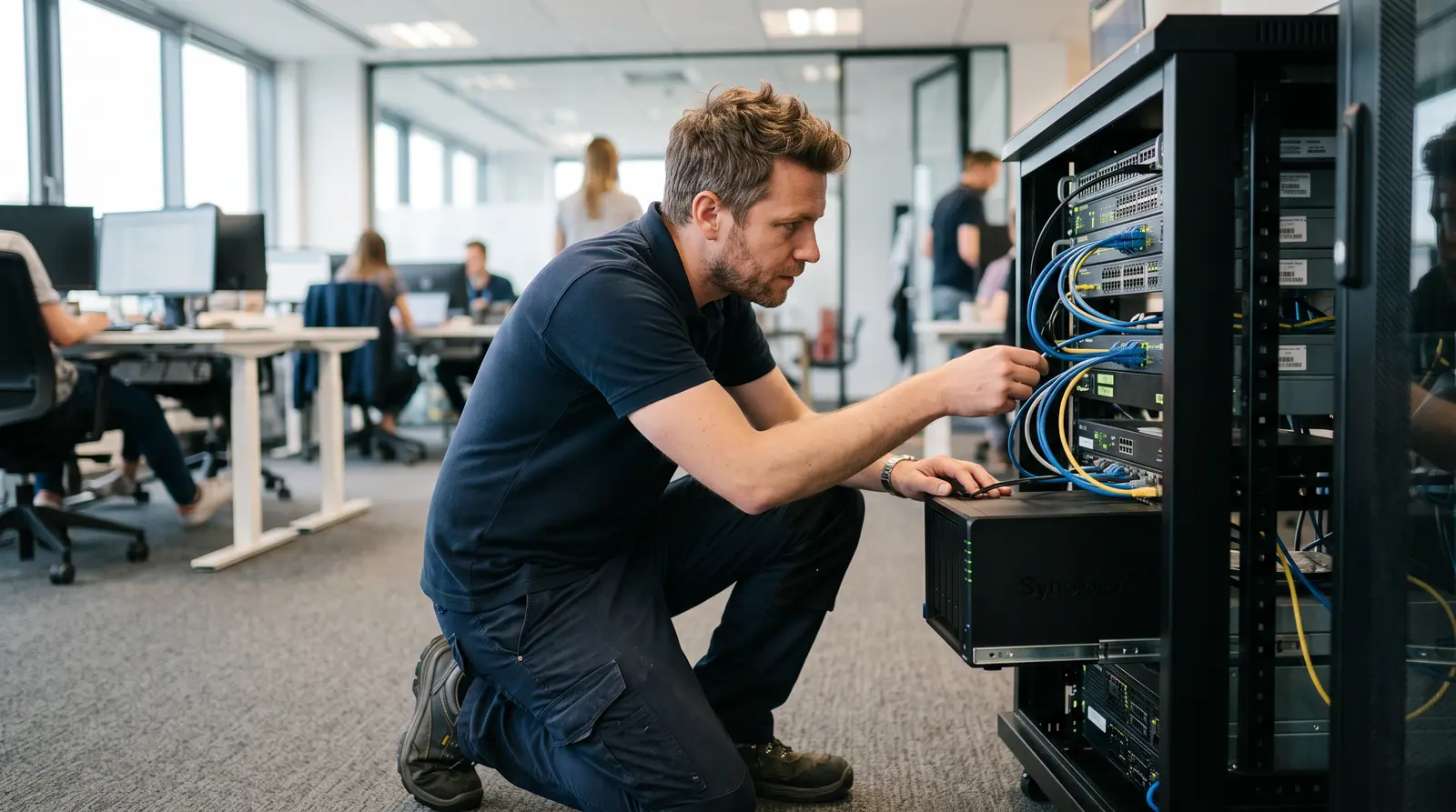 Tecnico al lavoro su un armadio server in un ufficio aziendale