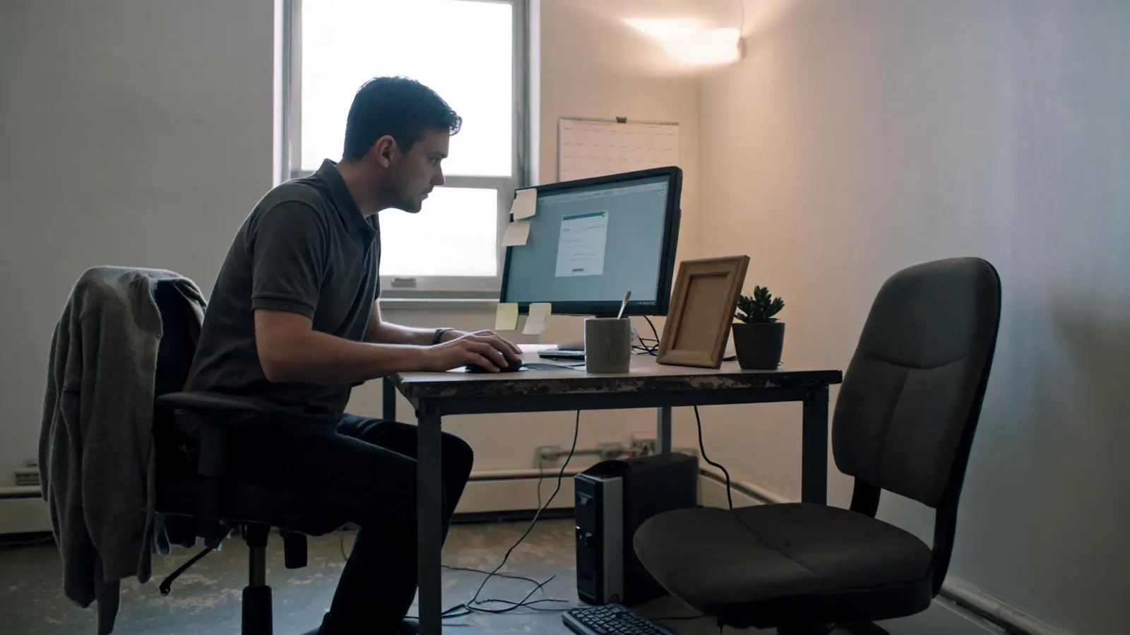 Tecnico seduto alla postazione di un cliente mentre controlla il computer