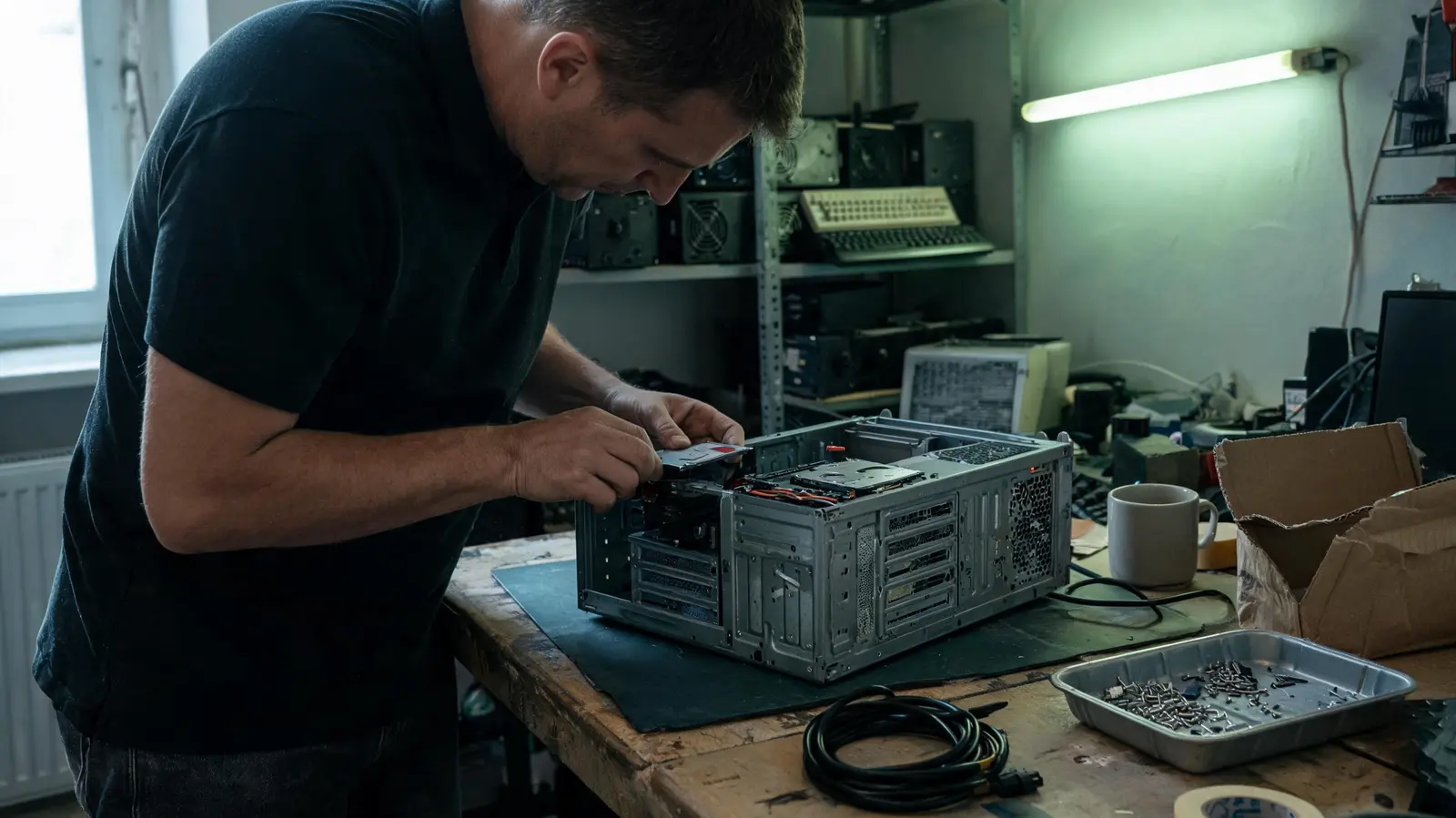 Tecnico che installa un disco SSD in un computer da tavolo aperto sul banco di lavoro