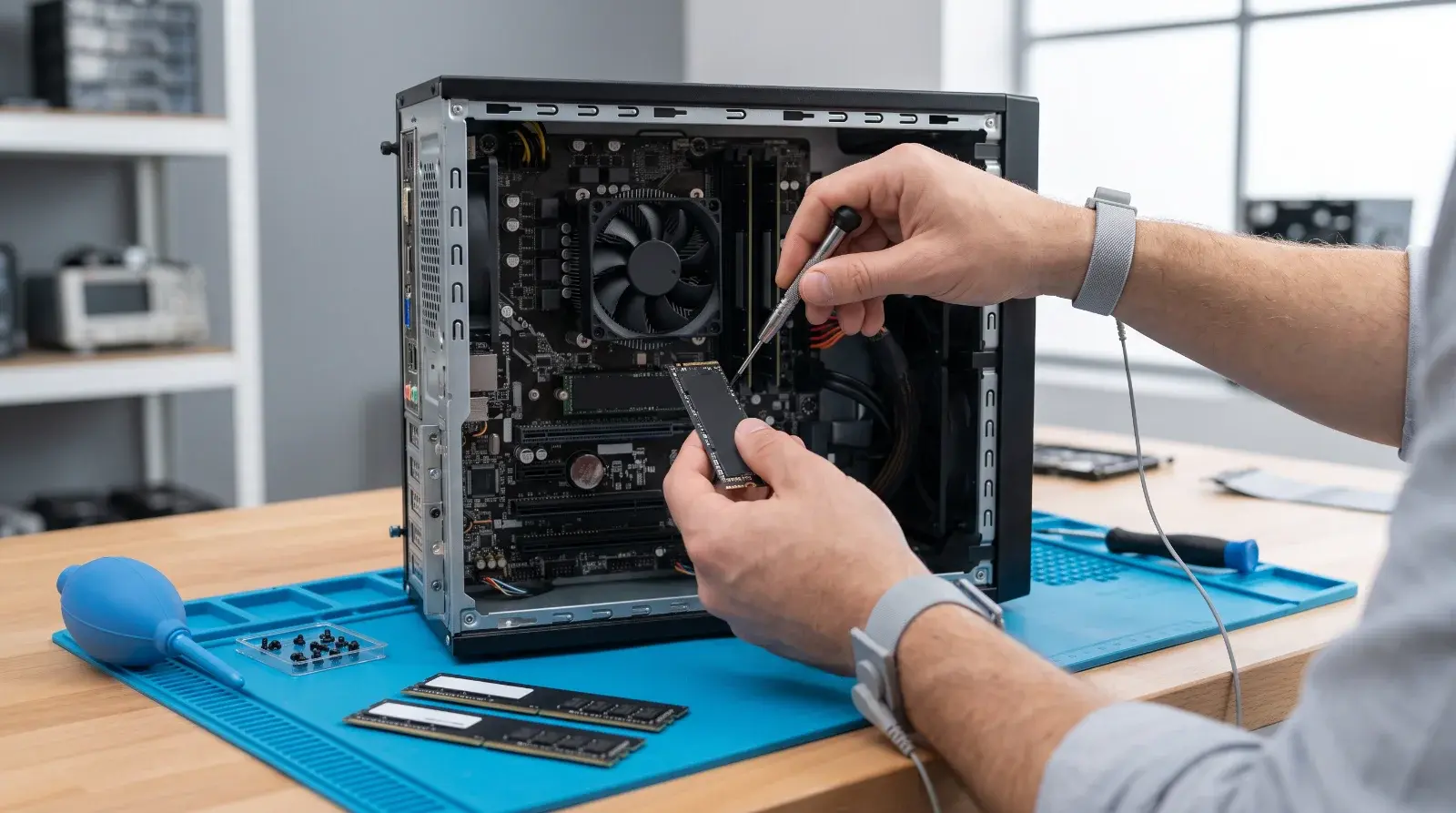 Installazione di un SSD in un computer aperto sul banco di lavoro