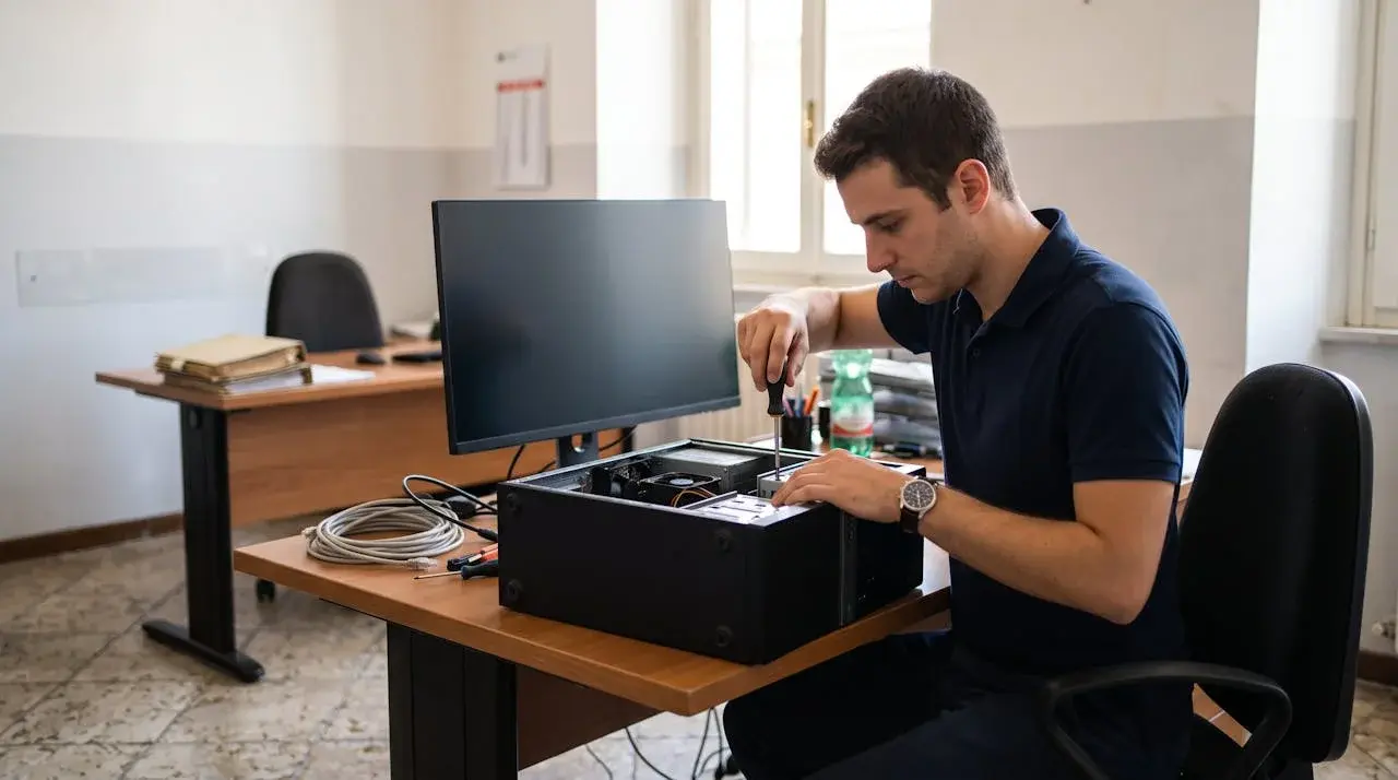 Tecnico che apre un computer da tavolo per un intervento
