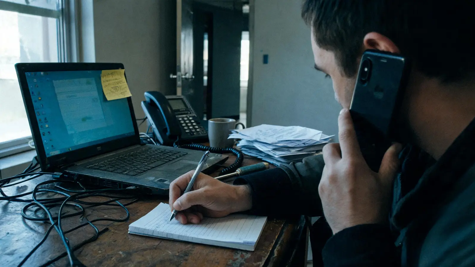 Tecnico al telefono che prende appunti durante un'assistenza da remoto