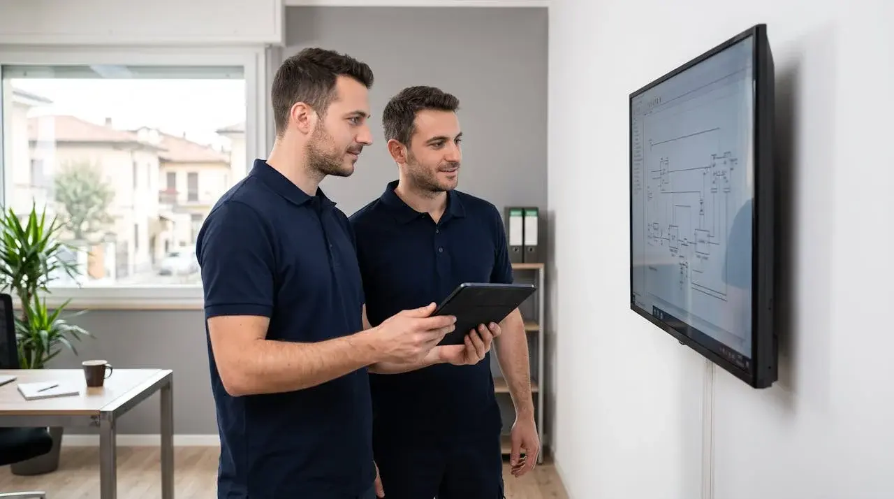 Due tecnici AMR SERV al lavoro su uno schema di rete